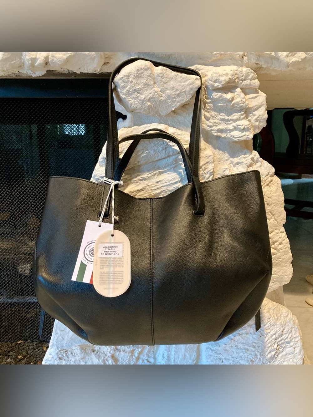 NWT Viola Castellani black pebbled leather tote bag
